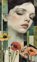 a collage of images with flowers in each, and an adult looking to the right
