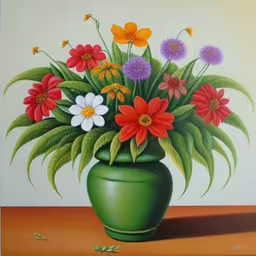 painting of a green vase of wildflowers on a table,a painting of flowers in a green vase