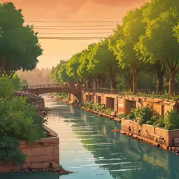 trees, boats, bushes and walkways sit in the water,a painting of a river with people sitting in it