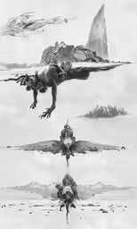 the four flying creaturees are shown in black and white