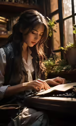 a young woman sitting at a desk using a laptop computer
