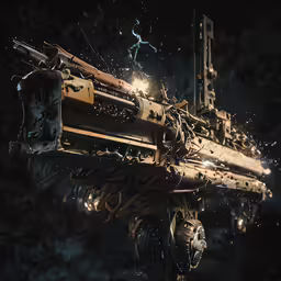 a gun with metal gears and lots of wire flying around