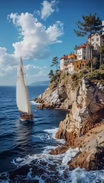 a sailboat is near the shore and an ocean