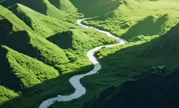 a river in the middle of a hilly area with lush green hills