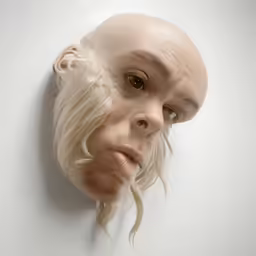 a bald man with long white hair next to wall
