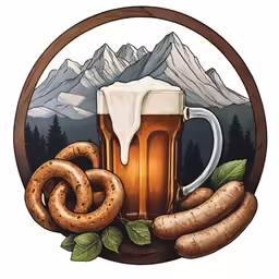 beer mug with pretzels, and mountain scene