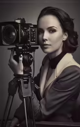 a girl is posing with a camera