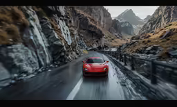 a red sports car driving down the road in an alpine area