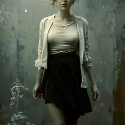 a woman with very thin legs walks through a forest