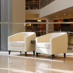 two chairs sitting in a room with white furniture