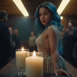 a woman is in a dress near a candle