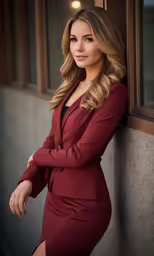 a professional and creative professional portrait featuring a woman in a red suit