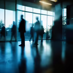 many people are walking in a building with some glass walls