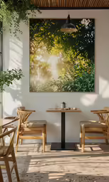 a restaurant with the sunlight shining through the leaves