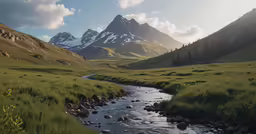 a stream in a grassy area with mountains in the background