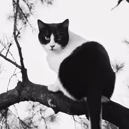 black and white cat sitting on a branch of a tree
