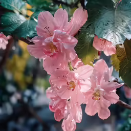 the pink flowers are blooming on a tree