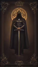 the image has a portrait of a man wearing a dark cloak with a sword