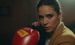 woman wearing an old red boxing glove in her hand
