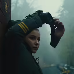 a woman in green jacket holding a camera