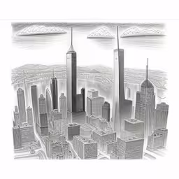 a pencil drawing of the city skyline with tall buildings and clouds,the view from a height of one skyscraper and one city in the background