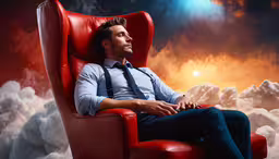 a man sits in an air like armchair on clouds with a moon lit sky above him,the man is relaxing on the chair near some clouds