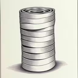 a drawing of a stack of stacks of objects,there is a tall stack of different sizes of toilet paper