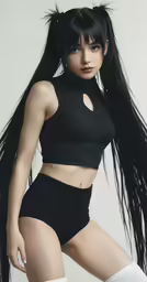 the woman is posing with long hair