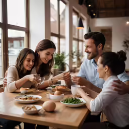 two adults and a child sitting at a table with food