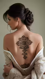 woman covered up in a towel is showing off her back tattoos