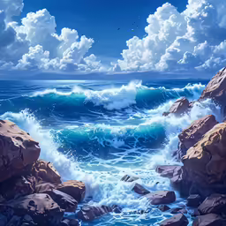 some large rocks in the water and some clouds