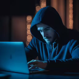 a man is using a laptop at night