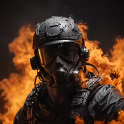 a soldier wearing gas masks and breathing through flames