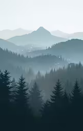 the tops of several trees and the mountains in the distance