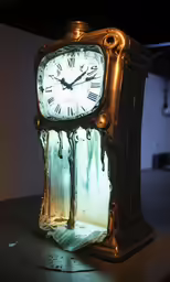 a gold and white clock with water dripping down the sides