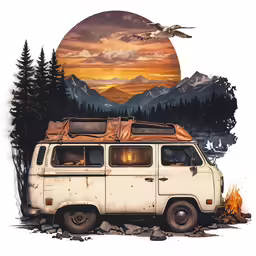 the white van is parked in front of mountains and trees