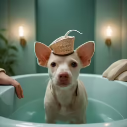 a white dog has a brown hat on his head