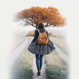 woman walking down road to the forest with a backpack on
