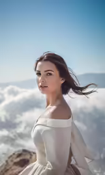 a woman in white dress with a blue sky background