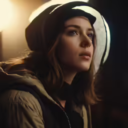 a girl wearing a hat looking up at something