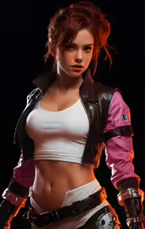 a woman with a gun is wearing white and black