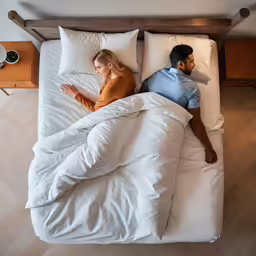 a woman sleeping on a big white bed with a man watching him