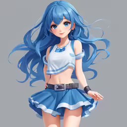 a blue - eyed anime girl with large breasts wearing a short skirt and boots
