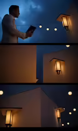 three pictures of a man holding his book and lighting the room