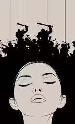 an image of a woman with her eyes closed in front of marching instruments