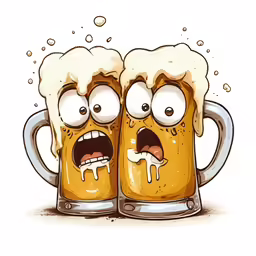 two mugs of beer are crying with eyes on their mouths