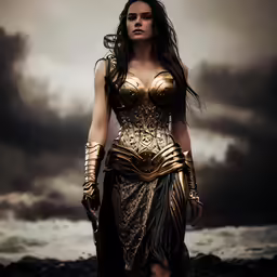 a woman in gold armor with long hair