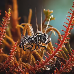 a pair of bees standing in front of some plants
