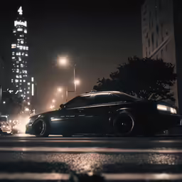 there is a black car that is going down the street