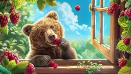 a brown bear eating raspberries out of a window sill,there is a bear that is leaning on the window